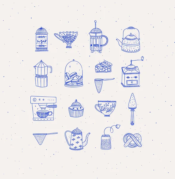 一套厨房设备图标素描手工图形原始休闲风格米色背景 — 图库矢量图片