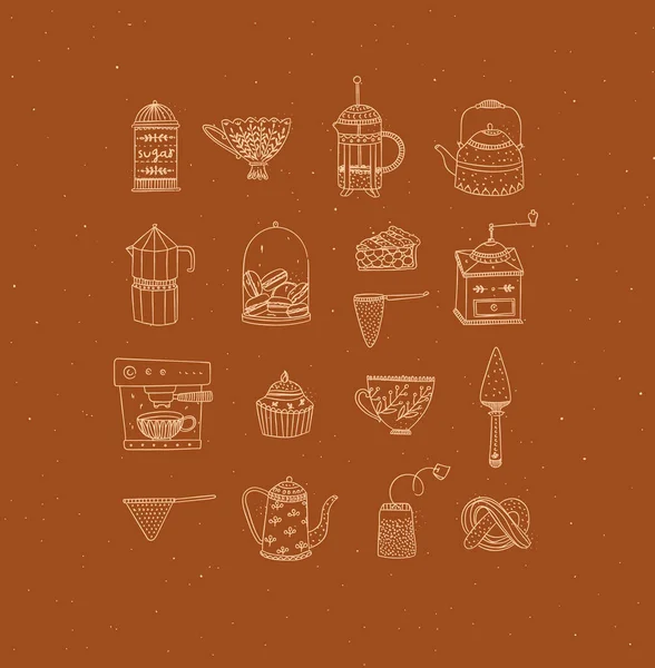 一套厨房设备图标素描手工图形原始休闲风格米色背景 — 图库矢量图片