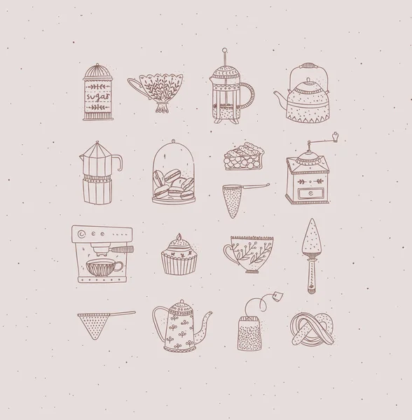 桃の背景に手作りのグラフィック原始的なカジュアルスタイルでキッチン機器のアイコン描画のセット — ストックベクタ