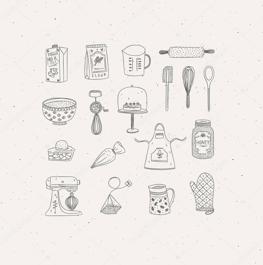 Set of kitchen bakery stuff drawing in handmade graphic primitive casual style on grey background.