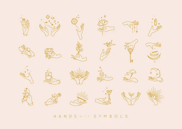 Hands Different Positions Symbols Elements Moon Sun Flowers Perfume Fire — Stock Vector