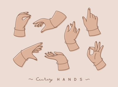 Set of curvy hands with fingers icons in different positions drawing with beige color on coffee background