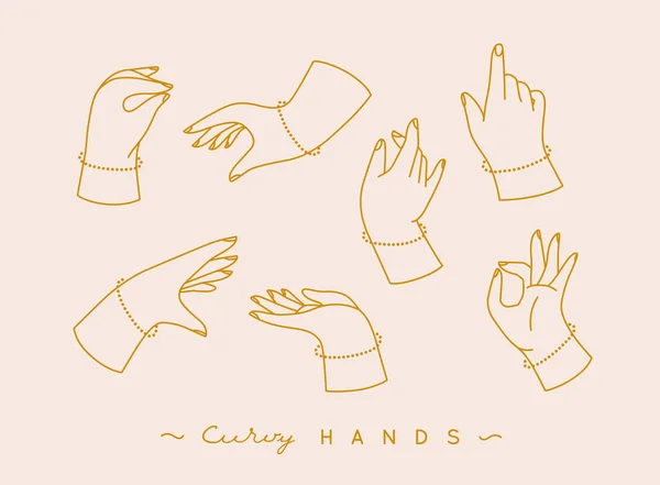 Набор Изогнутых Рук Иконками Пальцев Разных Положениях Рисующих Бежевом Фоне — стоковый вектор
