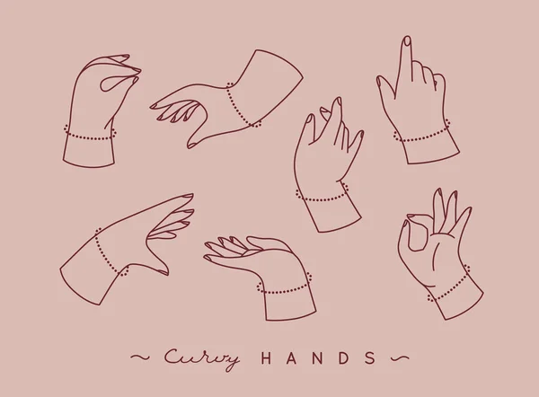 Set Curvy Hands Fingers Icons Different Positions Drawing Peach Background — ストックベクタ