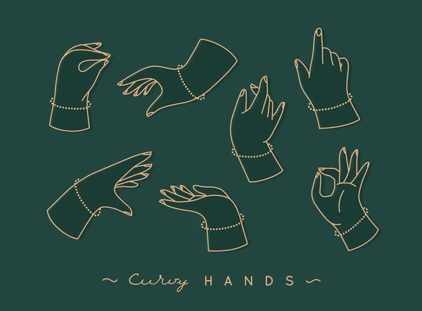 Набор Изогнутых Рук Иконками Пальцев Разных Положениях Рисунок Изумрудного Цвета — стоковый вектор