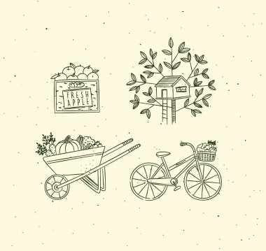 Village collection of icons apple crate, treehouse, vegetable cart, bicycle drawing in graphic style on beige background