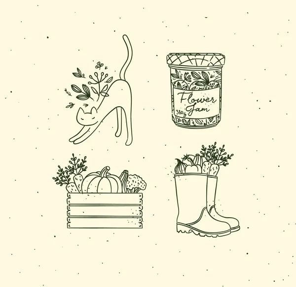 Village Collection Icons Vegetable Box Boots Cat Jar Jam Drawing — Stockvektor