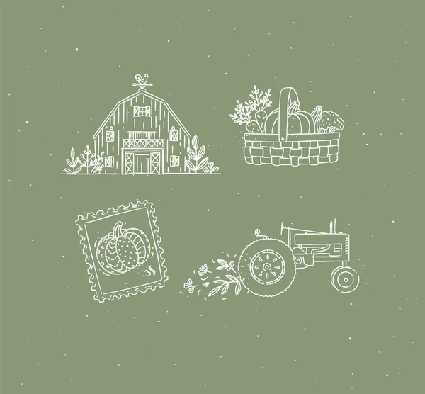 Village Collection Icons Barn Vegetable Basket Stamp Tractor Drawing Graphic — Stockvektor