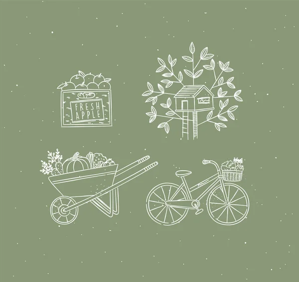 Village Collection Icons Apple Crate Treehouse Vegetable Cart Bicycle Drawing — стоковый вектор