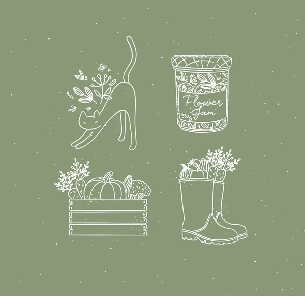 Village Collection Icons Vegetable Box Boots Cat Jar Jam Drawing — стоковый вектор