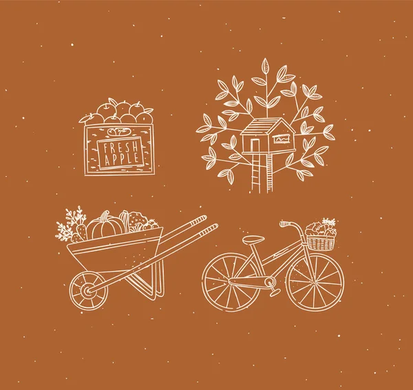 Village Collection Icons Apple Crate Treehouse Vegetable Cart Bicycle Drawing — Stockvektor