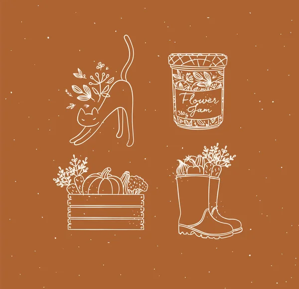 Village Collection Icons Vegetable Box Boots Cat Jar Jam Drawing — Stock vektor