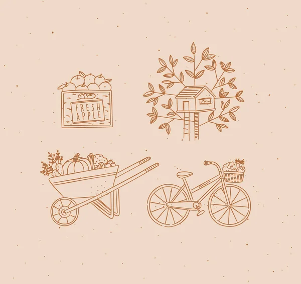 Village Collection Icons Apple Crate Treehouse Vegetable Cart Bicycle Drawing — Stockvektor