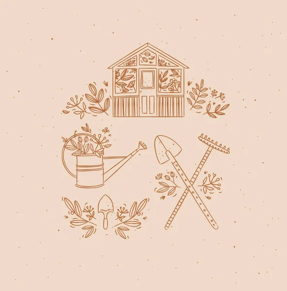 Village Collection Icons House Garden Tools Shovel Rake Watering Can — 스톡 벡터