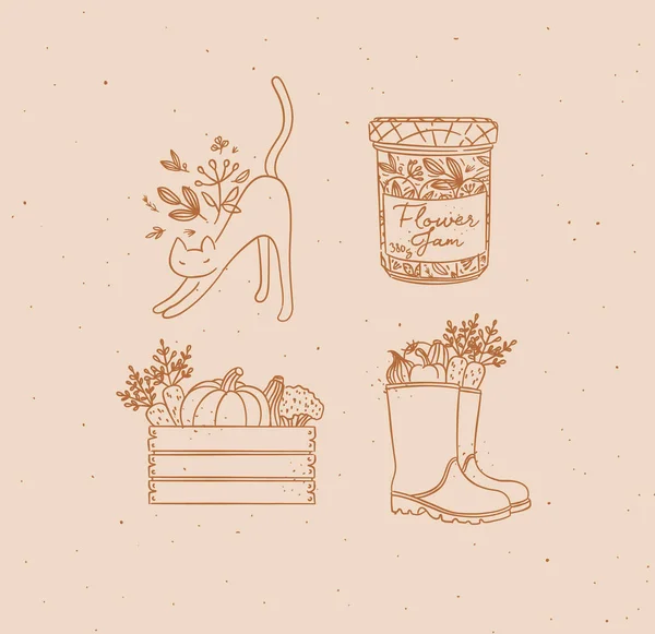 Village Collection Icons Vegetable Box Boots Cat Jar Jam Drawing — стоковый вектор