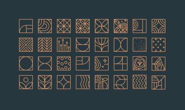 Set of creative modern art deco icons in flat line style drawing on blue background.