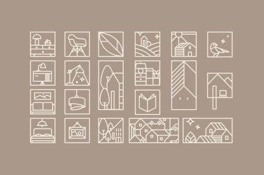 Set of creative modern art deco signs in flat line style drawing on coffee background.