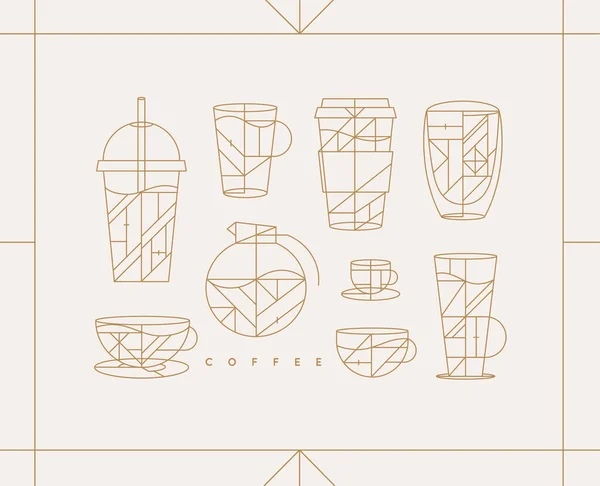 Set Creative Modern Art Deco Coffee Cups Flat Line Style — Archivo Imágenes Vectoriales