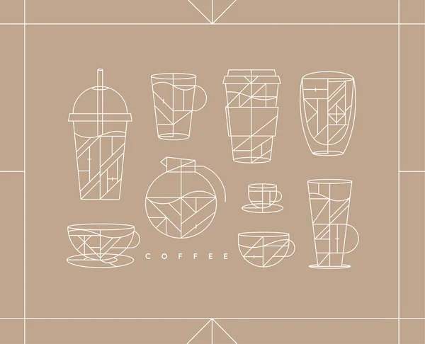 Set Creative Modern Art Deco Coffee Cups Flat Line Style — 스톡 벡터