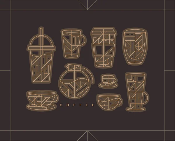 Set Creative Modern Art Deco Coffee Cups Flat Line Style — Stock vektor