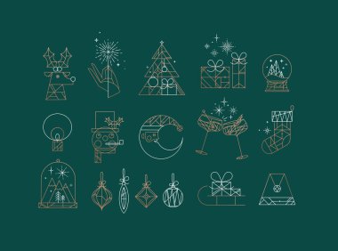 Set of christmas icons drawing in art deco line style on green background