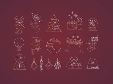Set of christmas icons drawing in art deco line style on red background