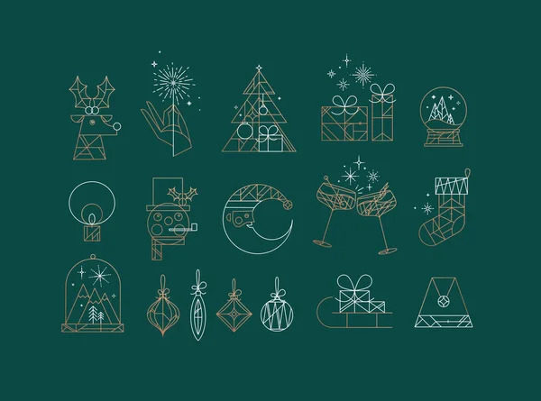 Set Christmas Icons Drawing Art Deco Line Style Green Background — стоковый вектор