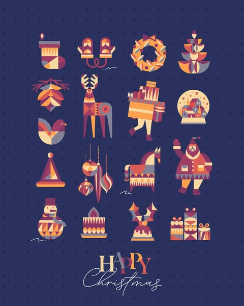 Conjunto Símbolos Navidad Calcetines Estilo Cubismo Guantes Corona Árbol Cono — Archivo Imágenes Vectoriales