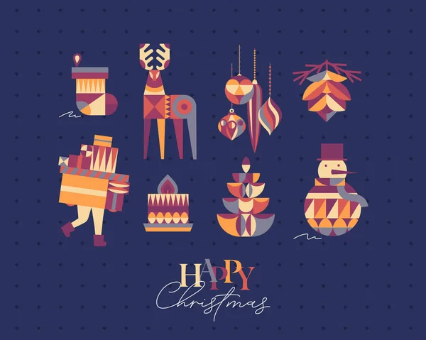 Set Christmas Symbols Cubism Style Sock Tree Cone Tree Decorations — Stock Vector