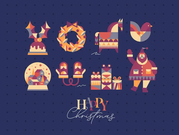 一套圣诞标志 有立体派风格的手套 冬季雪球 圣诞老人等蓝色背景图案 — 图库矢量图片