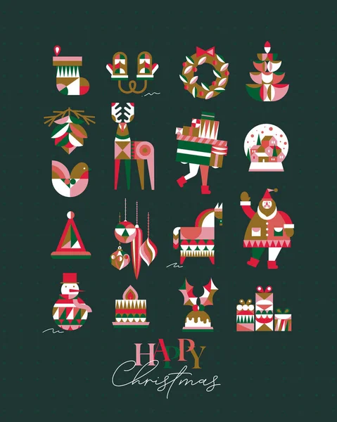 一套立体派风格的圣诞象征袜子 冬季雪球 装饰品 圣诞老人 绿色背景的蜡烛 — 图库矢量图片