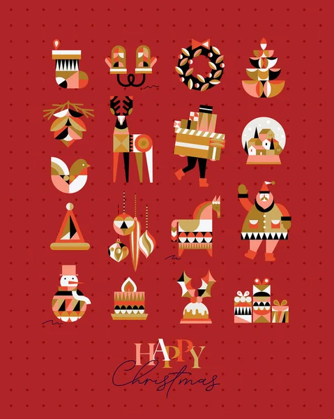 一套立体派风格的圣诞象征袜子 冬季雪球 装饰品 圣诞老人 红色背景的蜡烛 — 图库矢量图片