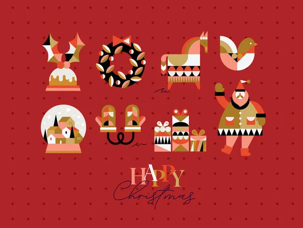 一套圣诞标志 有立体派风格的手套 冬季雪球 圣诞老人 背景为红色 — 图库矢量图片