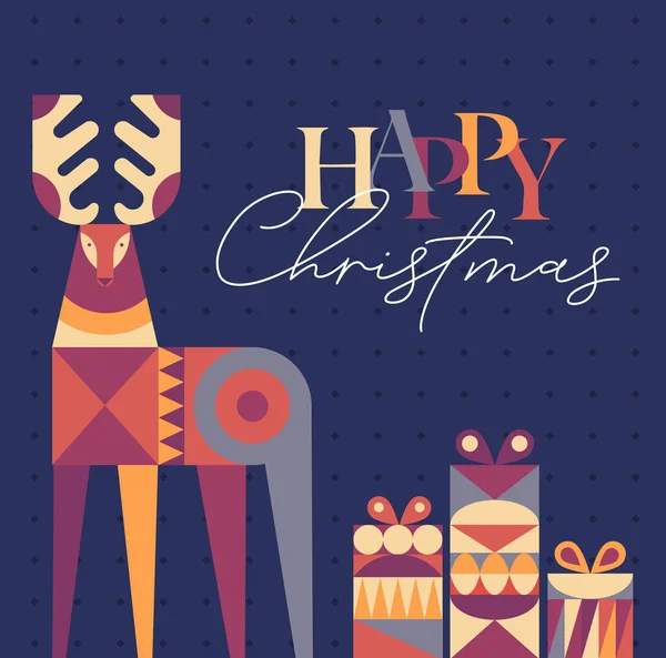 以立体派风格制作的海报鹿及礼物盒 以蓝色为背景 上面印有快乐圣诞的字样 — 图库矢量图片
