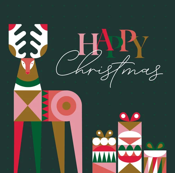 ポスター鹿と緑の背景に幸せなクリスマスの図面をレタリングとキュビスムスタイルで現在のボックス — ストックベクタ