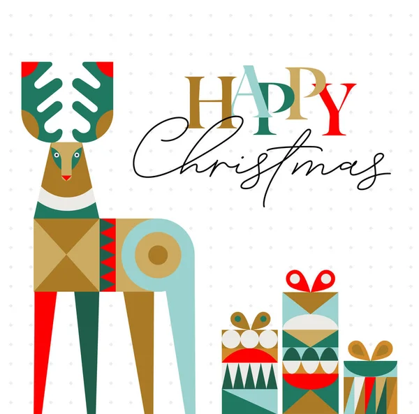 Poster Deer Present Box Cubism Style Lettering Happy Christmas Drawing — Stock Vector