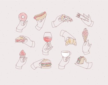 Rönesans ellerinin donut, hot dog, pizza, suşi, pasta, bir bardak şarap, kruvasan, dondurma, kek, hamburger, kahve, açık pembe arka planda renkli taco çizimi.
