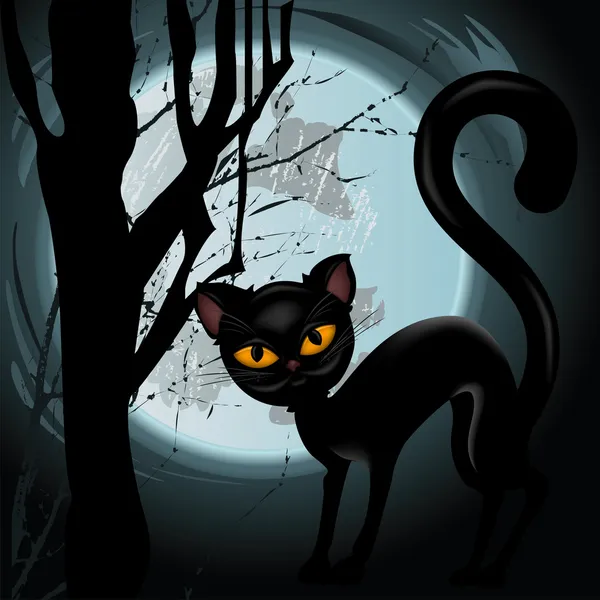 Ay arka planında kara kedi olan Cadılar Bayramı çizimleri. — Stok Vektör