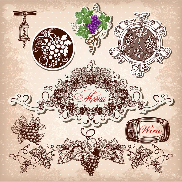 Hand drawn vector set of wine, grapes and winemaking — Stock Vector