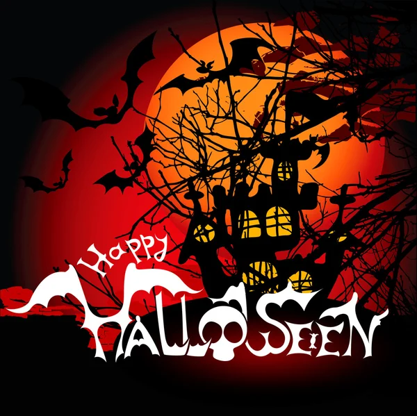 Halloween fundo com casa assombrada, morcegos e lua cheia — Vetor de Stock