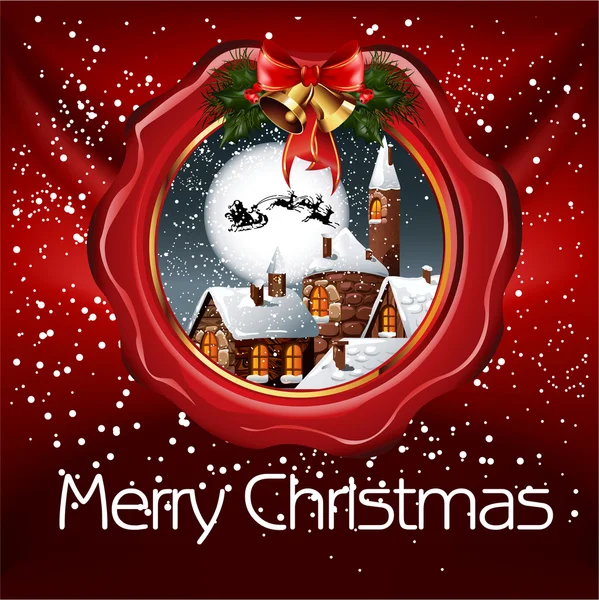 Christmas illustration of wax seal with small snowy village Stock Vector