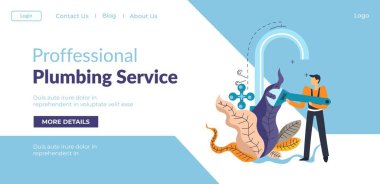 Profesyonel tesisatçı bakımı ve tesisat bakımı. Tamirci, su ve muslukları tamir ediyor. Tamirat ve tamirat yapan bir adam. Web sitesi veya web sayfası şablonu, iniş sayfası düz vektörü