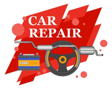 Otomobiller için bakım merkezi, araba tamiri ve tamirat. Uzman ve profesyonel işçilerin araçları ve ulaşım hizmetleri. Direksiyon ve borular. Düz biçimli vektör