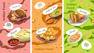 Geleneksel Hint yemekleri ve% 50 indirimle servis edilen yemekler. Chapati, masala çayı, puri kekleri, pirinç ve dzhalebi, samoza tatlısı. Reklam afişi, kafe ya da restoran menüsü. Düz vektör