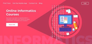 Bilgi ve bilgisayar teknolojileri kursları, dersler ve dersler çevrimiçi. İnternet uzaktan eğitim, programlama ve kodlama öğrenme. Web sitesi veya web sayfası şablonu, iniş sayfası düz vektörü