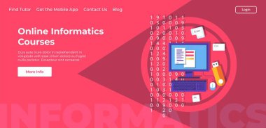 Informatics and computer technologies courses, lessons and classes online. Internet remote education, learning how to program and code. Website or webpages template, landing page flat vector clipart