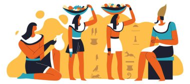 İmparator ya da firavun sepetlerde yiyecek, sürahilerde içecek taşıyan hizmetçiler. Antika medeniyet kuralları ve yaşam. Zengin ve fakir insanlar, çizilmiş hiyerogliflerle dolu bir duvar. Düz biçim illüstrasyonunda vektör