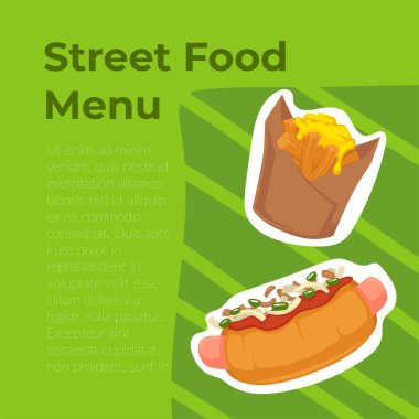 Sandviç, abur cubur, sokak yemeği menüsü. Sosisli ekmeği sosis ve ketçapla dolduruyorum. Pakette ızgara patates. Reklam ya da kafe ya da bistro posteri. Düz biçim illüstrasyonunda vektör