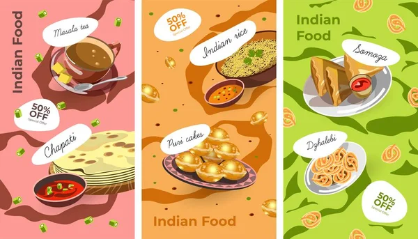 インドの伝統的な食べ物や料理を50 削減しました シャパティ マサラティー プリケーキ ライスとDzhalebi サモザデザート プロモーションバナー カフェやレストランのメニュー 平面ベクトル — ストックベクタ