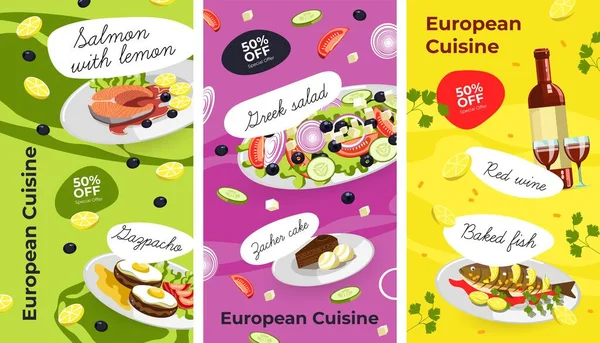 Menu Met Gerechten Kortingen Europese Keuken Maaltijden Voedsel Zalm Zeevruchten — Stockvector